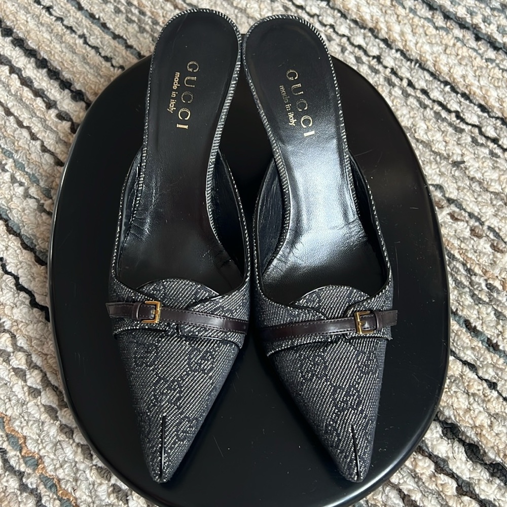 Gucci Vintage GG Monogram Canvas Pumps Scarpa Suola Cuoio Denim GG Vitelli Soft